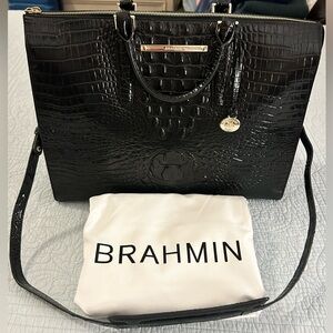 Brahmin Anywhere Melbourne Embossed Leather Business Tote Black Gold, EUC